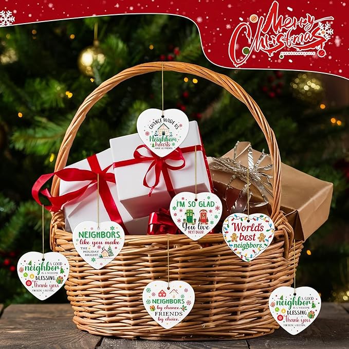12 Set Neighbor Gifts Ceramic Christmas Best Neighbor Ornament Gift with Rope Xmas Tree Decorations Heart-Shaped Hanging Housewarming Gift for Neighbors Appreciation