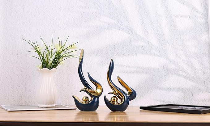 WUBIANJIE Mid Century Modern Abstract Art Home Decor Accent,Porcelain Statues for Living Room Coffee Table Centerpieces for Dining Room,Ceramic Sculptures and Gold Knick Knacks