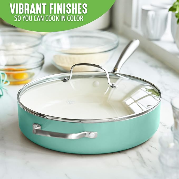GreenLife Artisan Healthy Ceramic Nonstick, 5QT Saute Pan Jumbo Cooker with Helper Handle and Lid, Stainless Steel Handle, PFAS-Free, Dishwasher Safe, Oven Safe, Turquoise