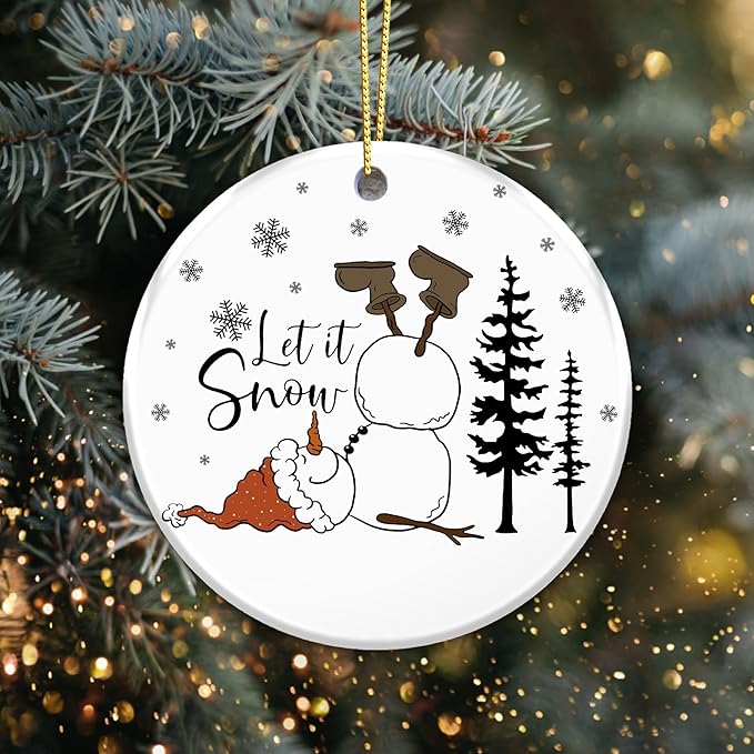 Funny Snowman Ornament 2025, Let It Snow Ornament – Gift for Family and Friends – Cute Fallen Snowman with Santa Hat and Boots – Humorous Holiday Decoration, Winter Tree Ceramic Gift