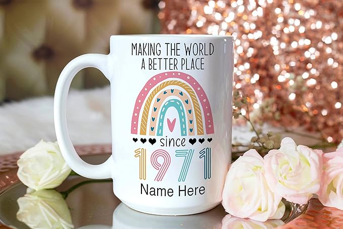 PREZZY Vintage 52nd Birthday Mug Gifts for Women Men Making the World a Better Place Since 1971 Boho Rainbow Turning 52 Years Old Birthday Decorations Personalized Mugs Novelty Coffee Cup 11oz 15oz