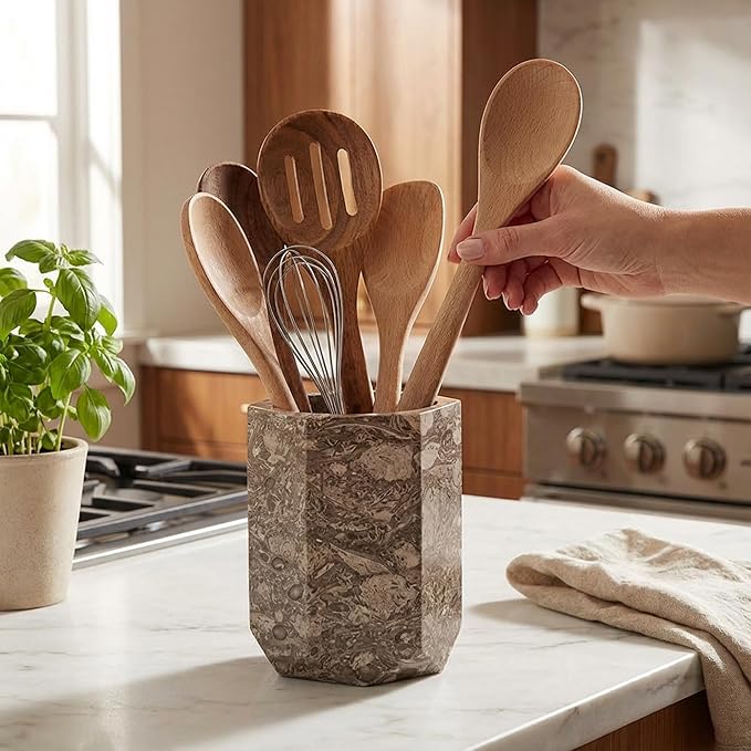 Radicaln Marble Utensil Holder 6.5" Inches Oceanic Handmade Spatula Set for Kitchen Counter, Ideal Cooking Utensils Jar & Kitchens Essentials Organizer, Utensil Caddy & Spoon Holder