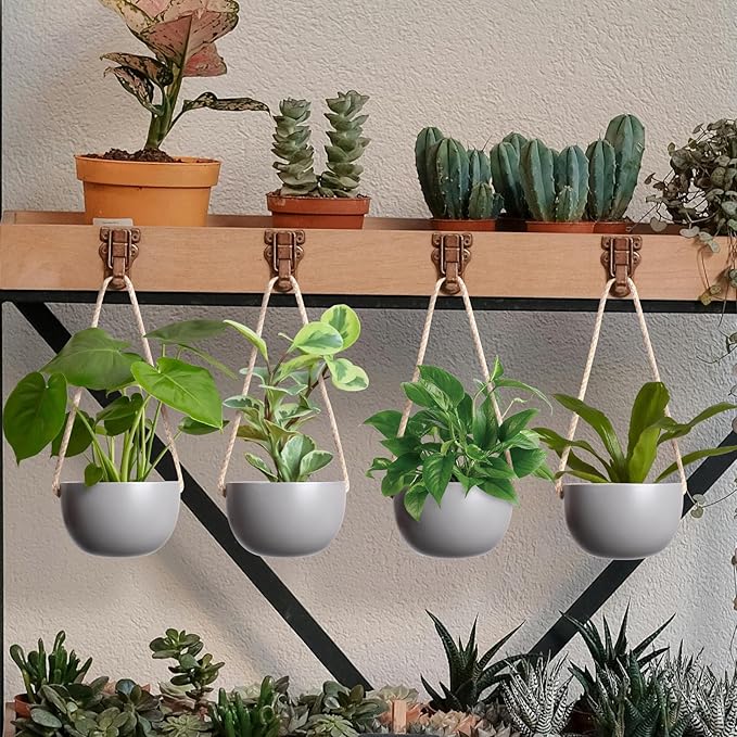 INGOFIN 4 Inch Ceramic Hanging Planter, Modern Hanging Plant Pot with Jute Rope, Succulent Bonsai Pots, Matte Grey Porcelain Flower Pots, for Indoor and Outdoor, Set of 4 (Matte Grey)