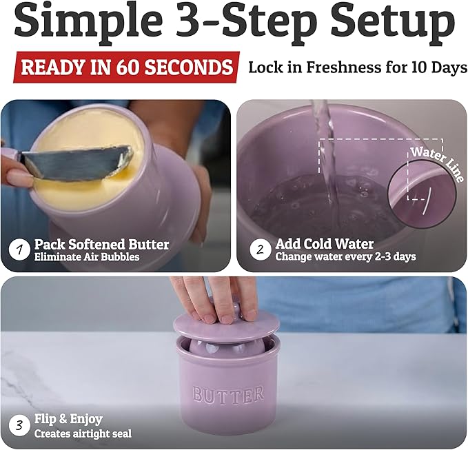 PriorityChef Butter Crock with Lid with Water Line, Ceramic French Butter Dish to Leave On Counter, Lilac