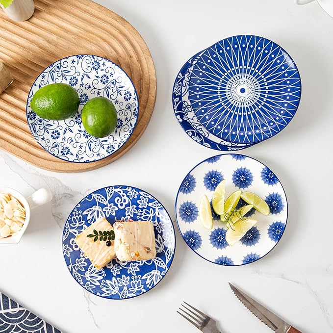 Ceramic Dessert Plates Set - 6 Inch Mini Appetizer Plates for Kitchen - Small Salad Plate for Snacks Side Dish Cake, Gift, Microwave Dishwasher Safe, Vintage Blue