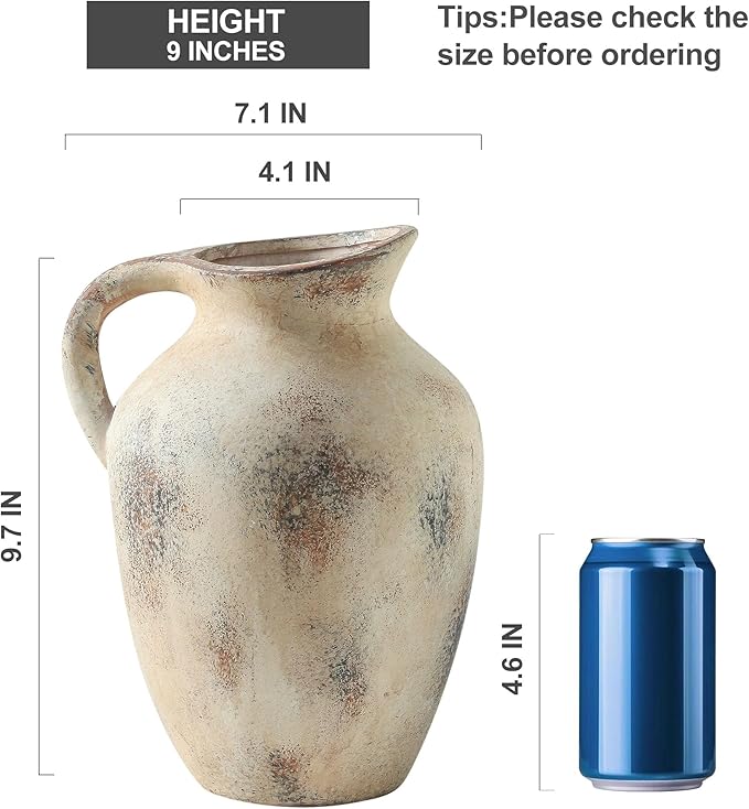 Vintage Pitcher Vase, 9.7 inch Handcrafted Decorative Ceramic Vase for Home, Dining Table, Bathroom, or Bookshelf Accents