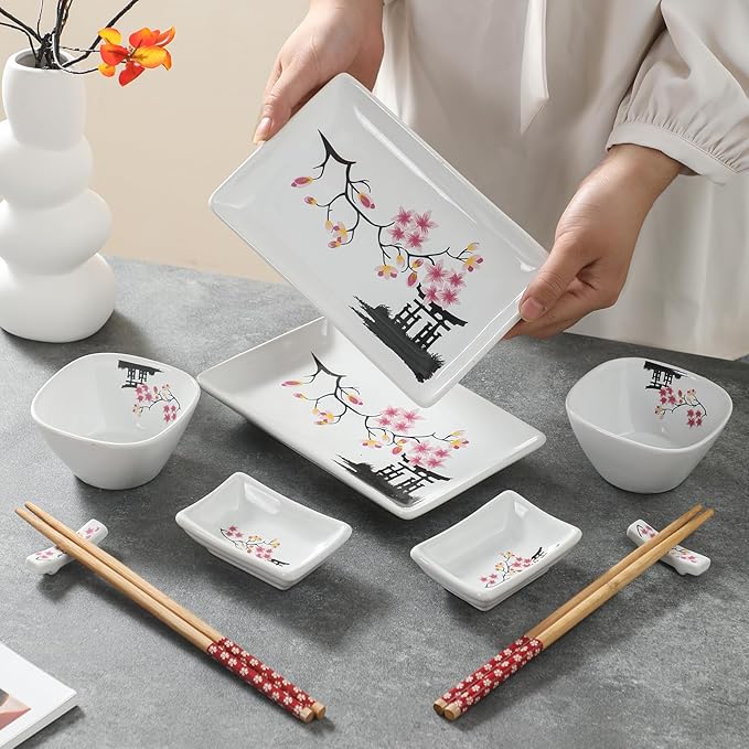 10 pcs Japanese Sushi Plate Sets Serving Platters and Trays for Entertaining Sushi Dishes Set Plates Sushi Plates Traditional Cuisine Dinnerware Sets with Chopsticks Pink Sakura