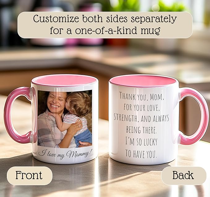 Personalized Coffee Mug | Custom Photo Text or Logo Ceramic Mug | Customized 11 Oz Tea Cup – Unique Gift for Women & Girl | Taza Personalizadas Design with Picture and Words | White – Pink