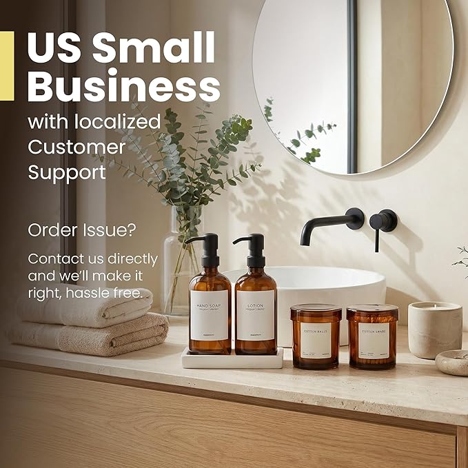 MaisoNovo Soap and Lotion Dispenser Set - Bathroom Soap Dispenser Set with Amber Glass Soap Dispenser, Black Pumps & Ceramic Tray