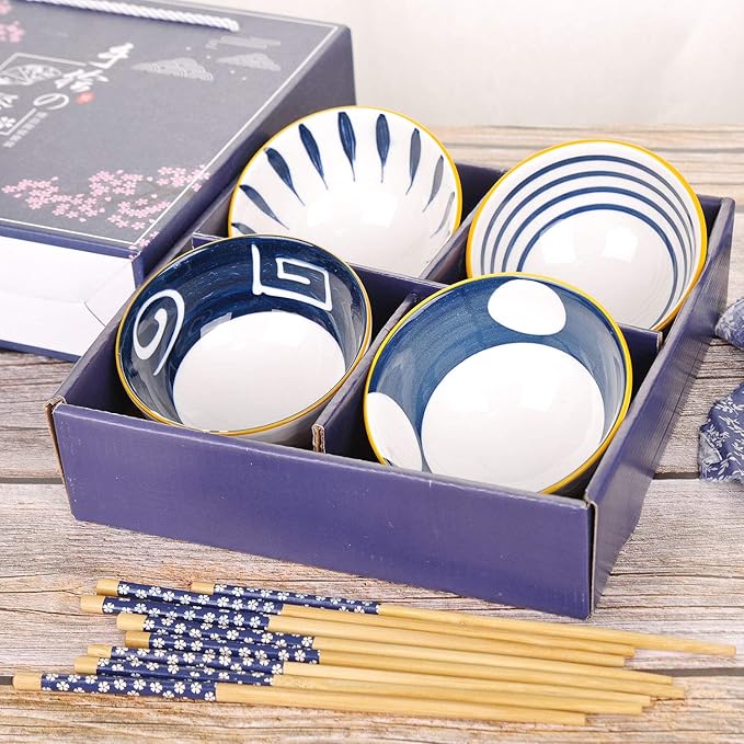 VanEnjoy Set of 4 Japanese Style Ceramic Rice Bowl with Chopsticks in Gift Box,Vintage Blue Hand Painted Pattern Bowls Set,Underglazed Dinnerware,For Dessert Snack Cereal Soup