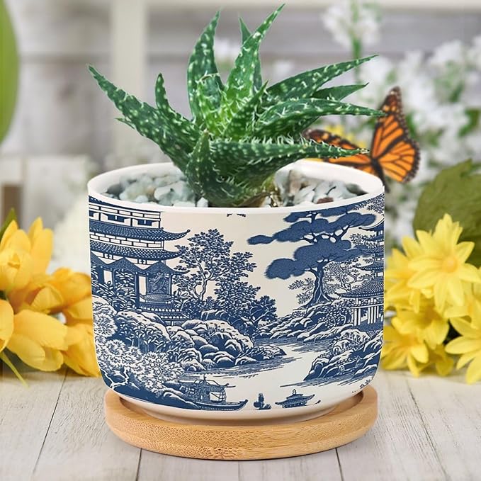 Planters Ceramic Chinoiserie Blue And White Porcelain Pattern Ceramic Pots with Drainage Holes Round Flowerpot Bamboo Tray Plant Pots for Succuelnt And Little Snake Plants Pots for Nana Grandma