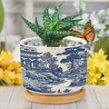 Planters Ceramic Chinoiserie Blue And White Porcelain Pattern Ceramic Pots with Drainage Holes Round Flowerpot Bamboo Tray Plant Pots for Succuelnt And Little Snake Plants Pots for Nana Grandma