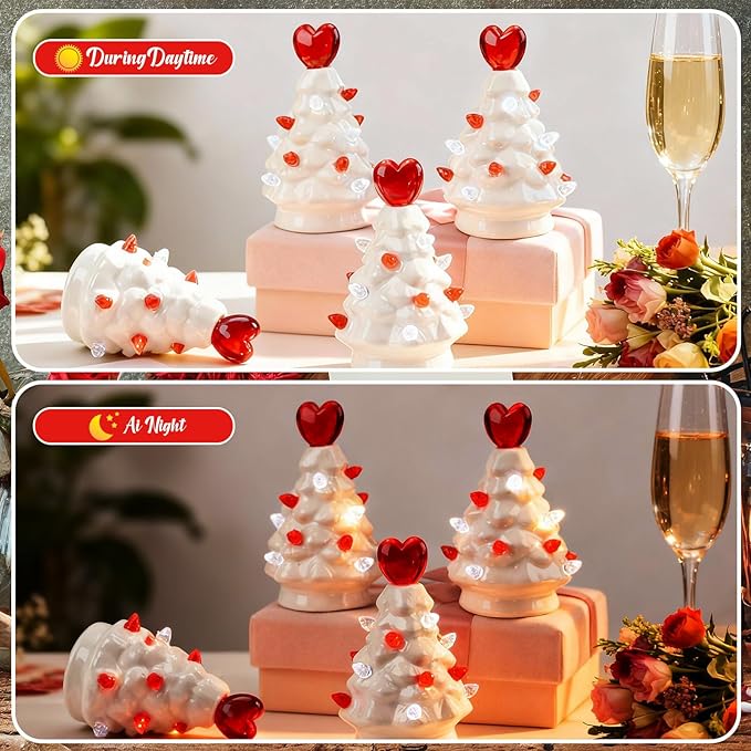 Leinuosen 6 Set Mini 4 Inch Ceramic Valentine's Day Tree Ornament with LED Lights Valentine Tree Hanging Light up Ornaments Pre Lit Hand Painted for Tabletop Home Table Holiday Decor (White, Heart)