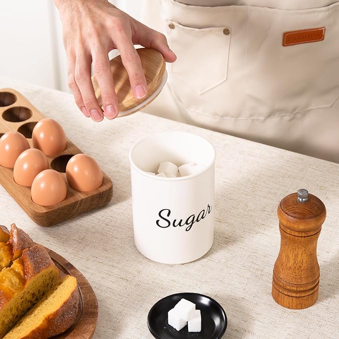 Ceramic Sugar Container With Lid, 19 Oz Small Jar, Food Storage Canister, White With Black Text