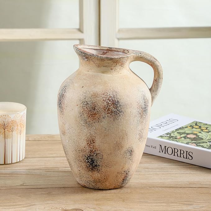Vintage Pitcher Vase, 9.7 inch Handcrafted Decorative Ceramic Vase for Home, Dining Table, Bathroom, or Bookshelf Accents