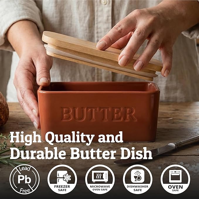 PriorityChef Extra Large Butter Dish with Lid for Countertop, Ceramic Butter Container With Airtight Cover, Butter Keeper for Counter or Fridge, Butter Holder Storage, Rust