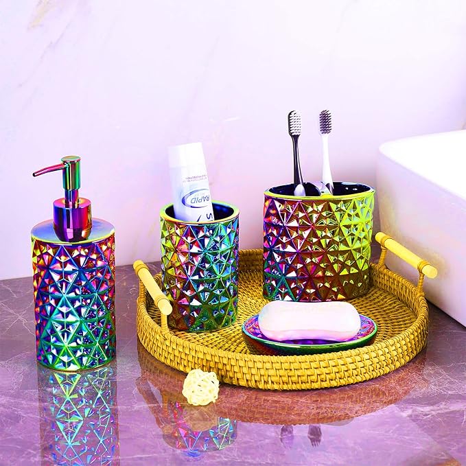 Colorful Bathroom Accessories Set 4 Pcs, Lotion Soap Dispenser, Soap Dish, Toothbrush Holder, Tumbler, Countertop Vanity Organizer for Bathroom Accessory Set