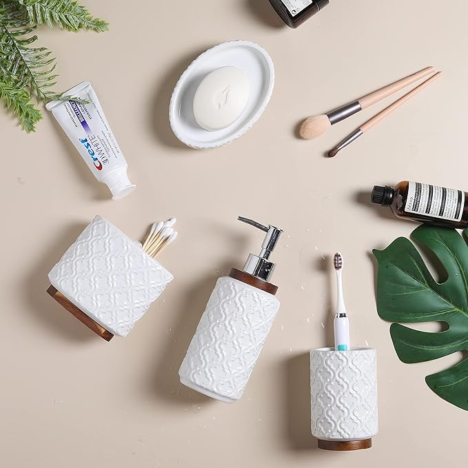 Elegant 4 PCS Ceramic&Wood Bathroom Accessories Set:Soap Dispenser,Toothbrush Holder,Tumbler,Soap Dish,Easy to Clean,Quatrefoil Pattern,White-Affordable Luxury for Home Decor Enthusiasts