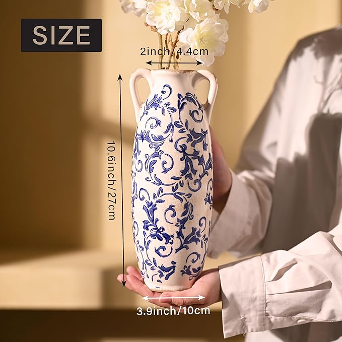 VICTOR & TERESA Blue and White Floor Vase for Pampas Grass, 11'' Tall Vase for Home Decor, Ceramic Farmhouse Decorative Large Vases for Flower, Mantel, Living Room, Shelf, Centerpieces, Gift for Mom