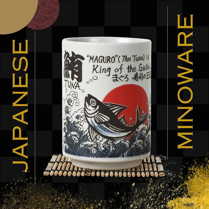 Japanese Tea Cups Sushi-Yunomi Mino Ware With Bamboo Coaster (Set of 2) (Squid-Octopus Tuna)