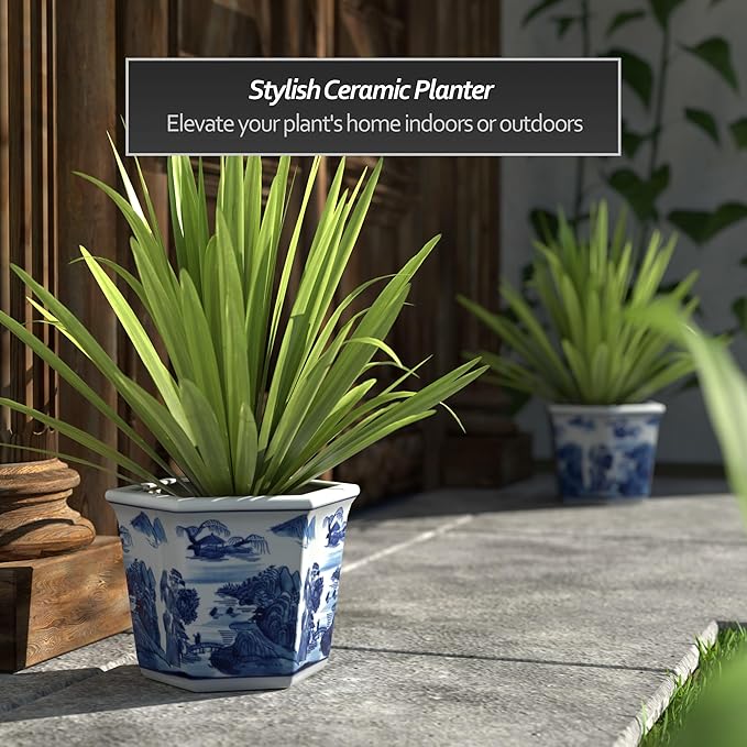 Red Lantern 10" Porcelain Flower Pot, Landscape Blue-White