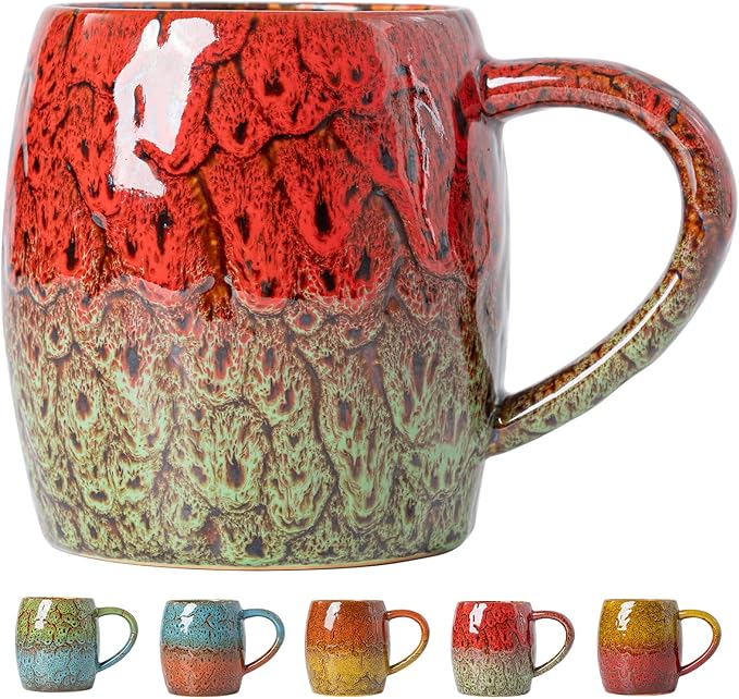 Unique 22OZ Ceramic Coffee Mug with Ergonomic Handle, Microwave & Dishwasher Safe – Red & Green Glazed Ceramic Mug – Gift for Coffee & Tea Lovers, Ideal for Office & Home Use
