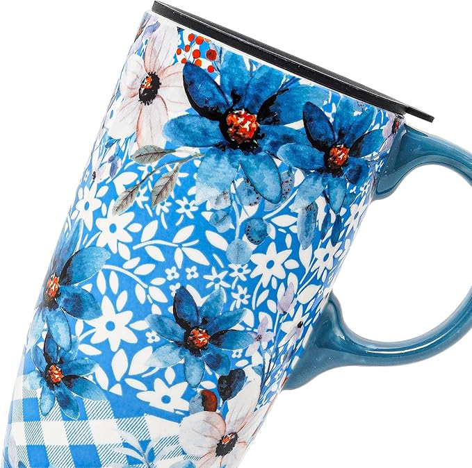 DUSVALLY Ceramic Tall Coffee Mug, Friends Coffee Cup Gift Set, Travel Mug with Lid for Office and Home, Unique Gifts for Women and Man, Flower Mug, Color Box, 17oz Large Cup, Blue
