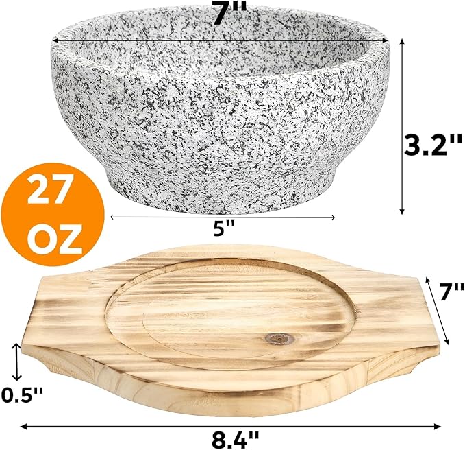 Dolsot Bibimbap Bowl, 27 Oz Korean Stone Bowls Cooking Pot with Wood Tray, Granite Stone Bowl Sizzling Hot Pot for Korean Restaurants, Soup, Rice, Stew