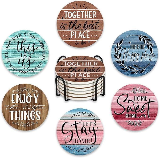 Housewarming Gifts for New Home Ceramic Coasters with Holder Set of 6, Inspirational Home Sweet Home Absorbent Drink Cup Mat for Coffee Table Protection, 4'' Farmhouse Family Kitchen Decor