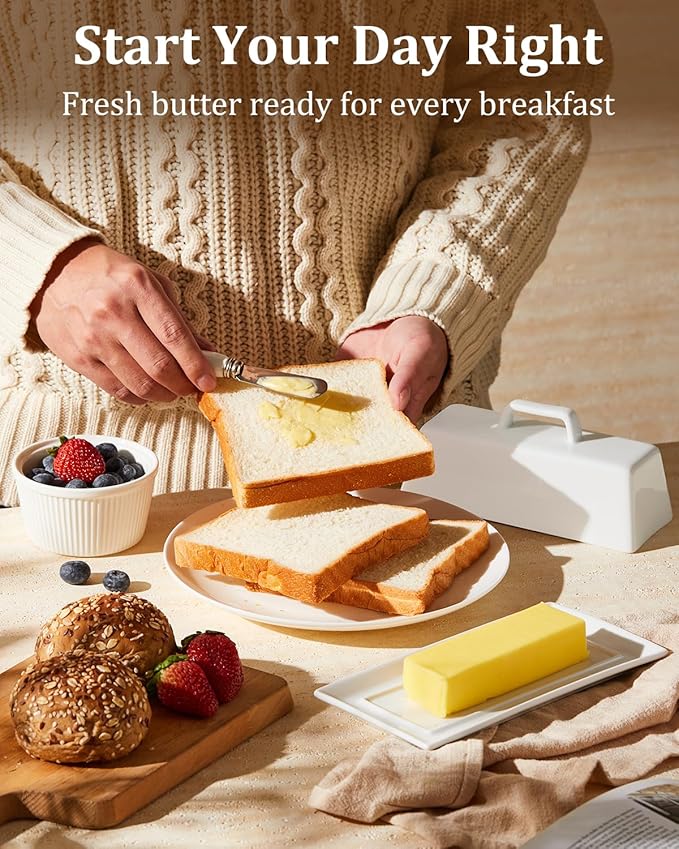 Yedio Porcelain Butter Dish with Lid and Knife for Countertop Refrigerator，White Ceramic Covered Butter Holder with Handle for East West Coast Butter Stick, Dishwasher Safe