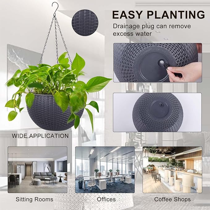 Vencer 11 Inch Round Resin Rattan Hanging Planters,Self Watering Hanging Basket for Indoor Outdoor Plants,Hanging Flower Pots with Drain Hole and Metal Chain,Water Indicator,Grey,VF-A15-G