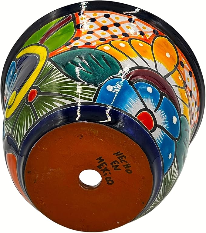 Cactus Canyon Ceramics Talavera Planter Pot, Hand-Painted Mexican Ceramic Pot with Drainage Hole, Indoor Outdoor Rustic Botanical Terracotta, 7.5 Inch, Dark Blue Multicolor