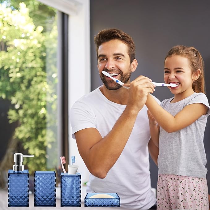 Bathroom Accessory Set, 4 PCS Blue Bathroom Accessories Sets, Soap Dispenser and Toothbrush Holder Set, Soap Dish and Mouthwash Cup, Boho Bathroom Decor, Bathroom Sets Accessories
