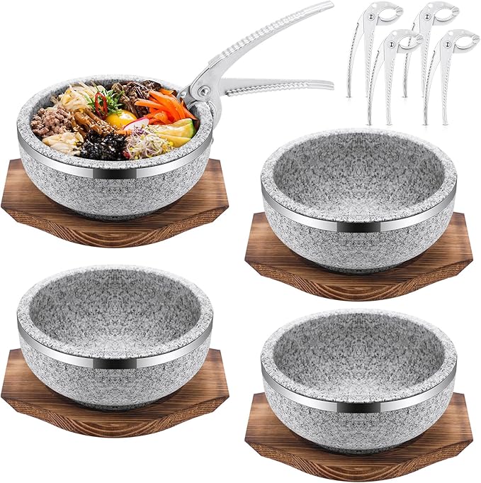Lallisa 4 Set Dolsot Bibimbap Stone Bowl with Wood Base and Aluminum Tongs Dolsot Pot Stone Bowls Sizzling Hot Pot for Korean Restaurants, Soup, Rice, Stew (32 oz)