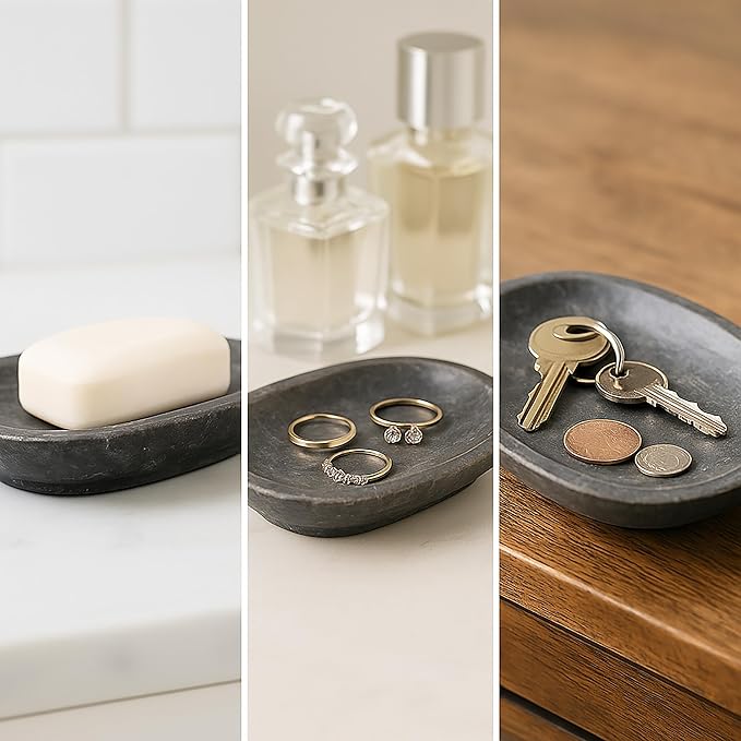 Luxury Hand-Carved Natural Charcoal Marble Soap Dish Heavy-Duty, Plastic-Free, Artisan Crafted for Bathroom Kitchen Countertop Organization, 3.8 x 5.8 x 0.9 H Inch