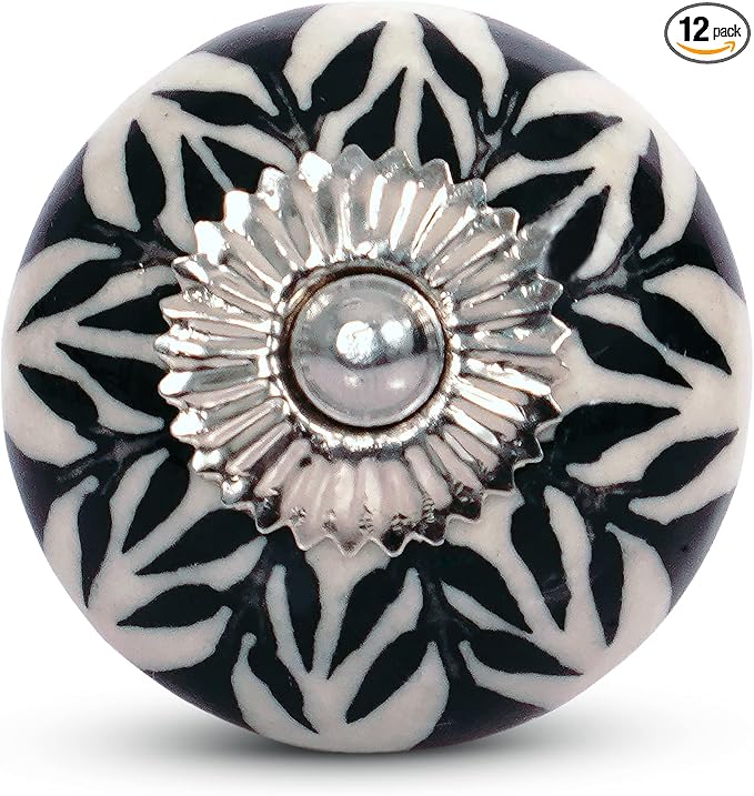Mela Artisans 12-Pack Ceramic Kitchen Cabinet Knobs - Black & White Daffodil | Decorative Pull Handles for Dresser Drawers | Reversible Metal Backplate | 1.77” Diameter