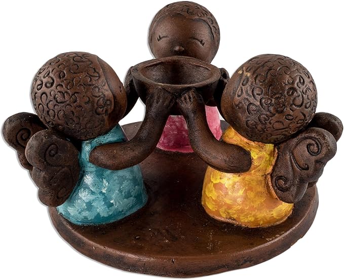 NOVICA Artisan Handmade Ceramic Tealight Candleholder Salvadoran Angel Multicolor Lamps Lighting Holders Natural Materials Painted [4.3in H x 7in W x 7in D] ' Angel Trio'