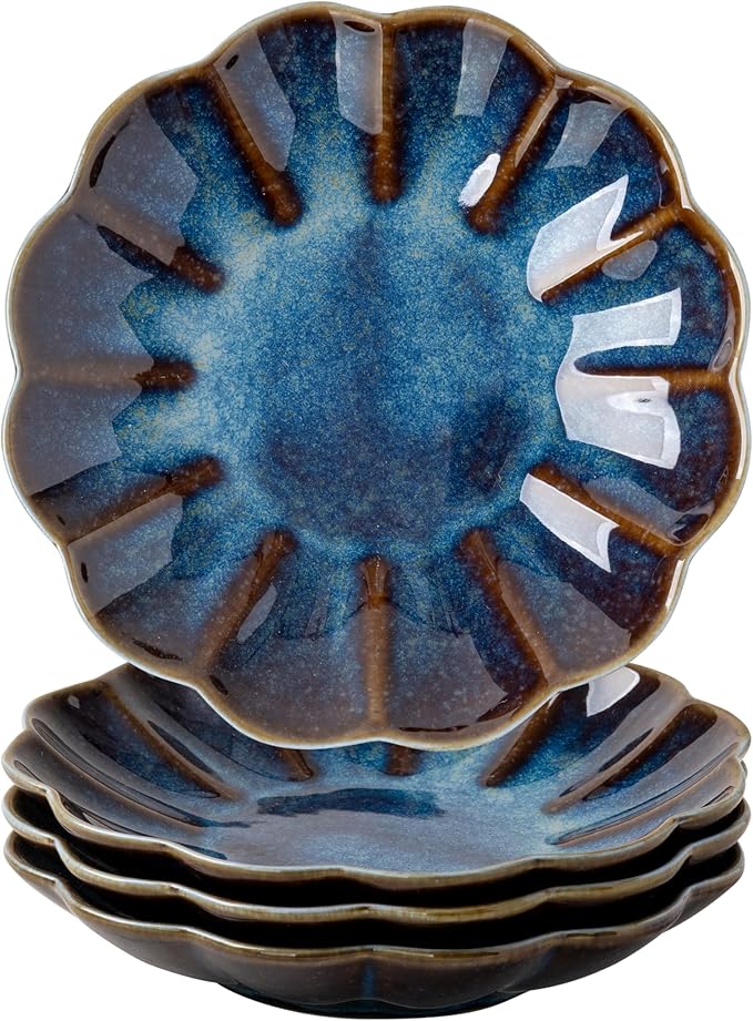 Small Dessert Plates Set of 4,Ceramic Dinner Plates 5.7 Inch for Appetizer, Fruits, Cake, Salad,Microwave Safe,Christmas Gift,Flambe Blue