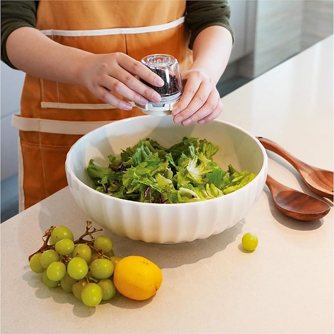 12-Inch Large Ceramic Salad Bowl Set with Wooden Servers, Decorative Serving Bowl with Ribbed Design for Pasta, Fruit (White)