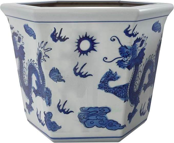 Red Lantern 10" Dragon Blue & White Porcelain Flower Pot