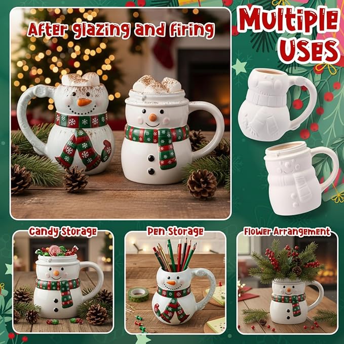 Zubebe 4 Sets Christmas Paint Your Own Mugs Craft Kit, Xmas Ceramic to Paint, Christmas Snowman DIY Mugs for Adults, Festive Coffee Tea Cup with Painting Set for Family Xmas Craft Office Gift
