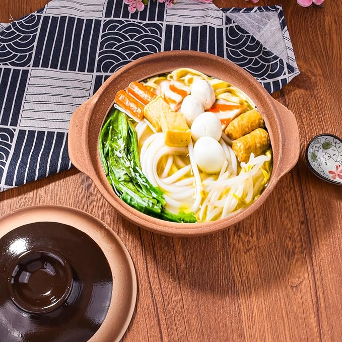 Casserole with Lid - Chinese, Japanese, Korean Stoneware Clay Pot - Ceramic Earthenware Stewpot for Family Restaurants