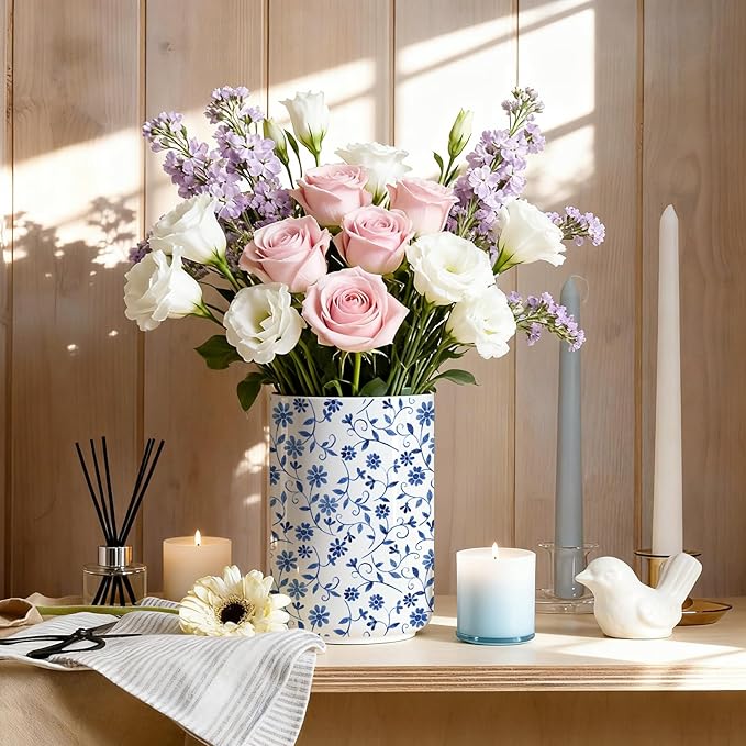 Kitchen Utensil Holder for Kitchen Countertop,Blue Ceramic Utensil Holder,Cooking Utensils Holder, Large Utensil Crock for Counter,Tool Holder,6.3"+4.7"(Blue and White)