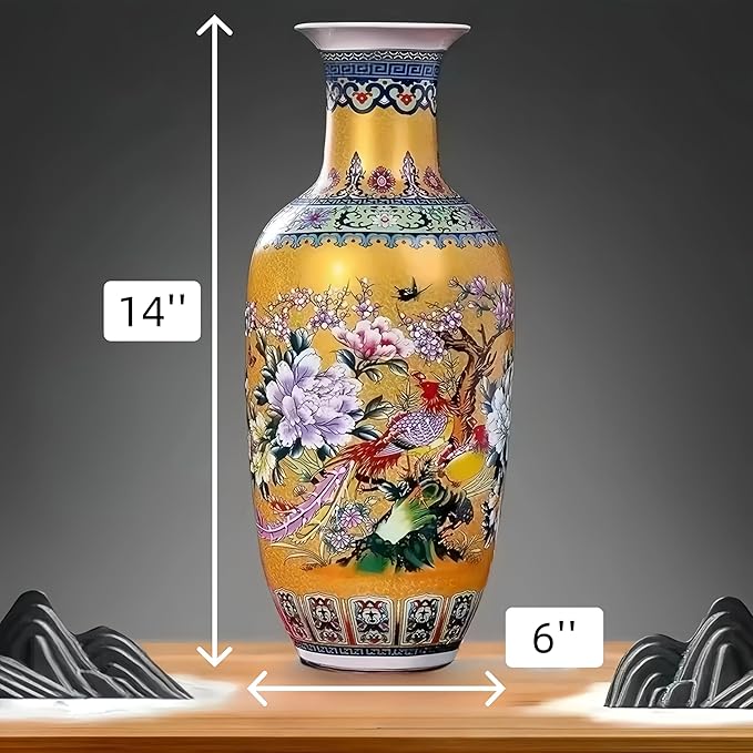 14" Jingdezhen Large Fishtail Ceramic Vase Golden Handmade Home Decorative Vase, Modern Luxury Accent for Living Room, Wedding, or Gift. Elegant Floral Arrangement Centerpiece. (G)
