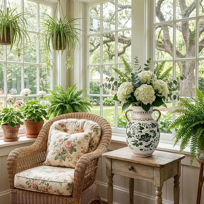 EFISPSS Ceramic Vintage Vase Decorative Spring Decor Chinese Crackle Floral Handle for Dining Room Living Room Green 8.4 in