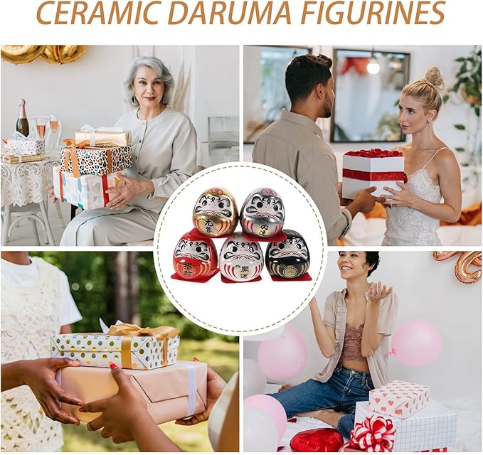 Japanese Ceramic Tumbler Figurines Set of 5 Mini Traditional Lucky Car Interior Decor for Home and Office Gold Plated