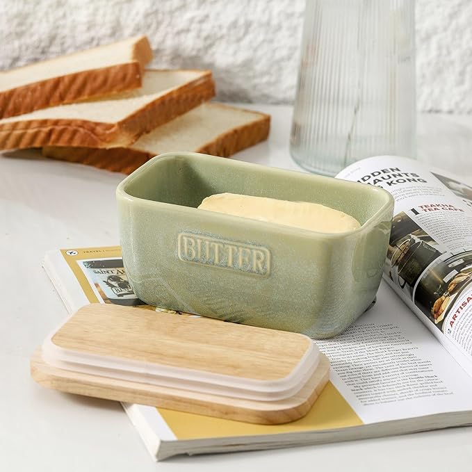 HVH Ceramic Butter Dish with Lid for Countertop, Airtight Butter Keeper with Turquoise Wooden Lid (6 x 3.5 x 2.7)