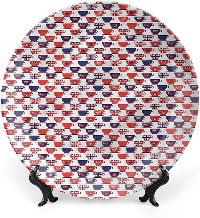 10 Inch Decorative Plate, London Ceramic Plate, Tea Party Flag Cups Print Ceramic Wall Hanging for Fine Dining, Upscale Events, Dinner Parties, Weddings, Catering, Christmas, Thankgiving Decor