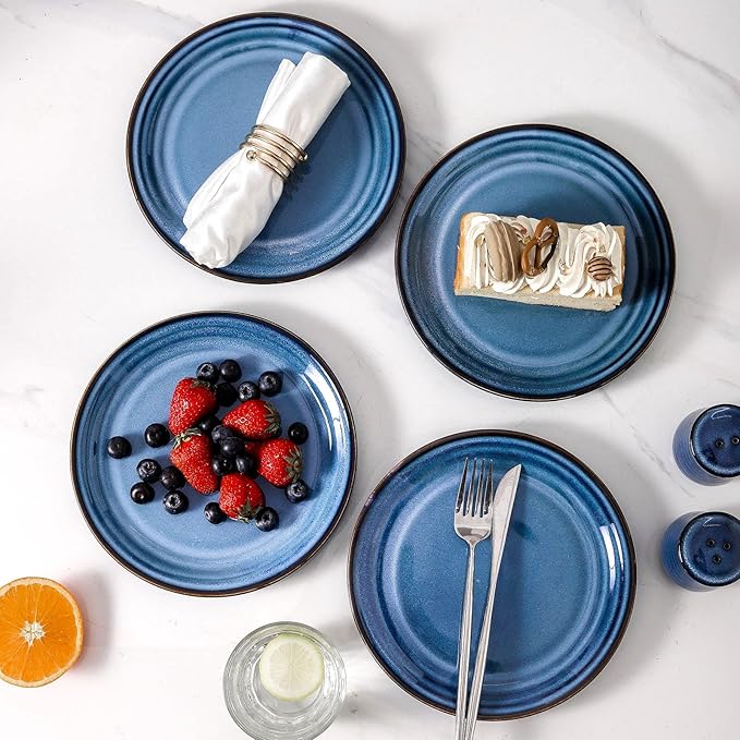 HASENSE Salad Dessert Plates, 8 Inch Ceramic Dinner Plate Set of 6, Small Round Serving Dishes for Appetizer, Fruit, Cake, Snack, Blue Reactive Glaze Kitchen Gift, Microwave Dishwasher Safe