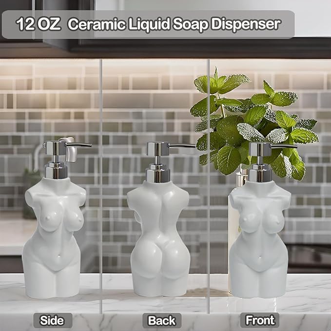 Ceramic Girl Soap Dispenser,Lotion and soap Dispenser Refillable Liquid Hand Soap Dispenser for Bathroom and Kitchen (White)